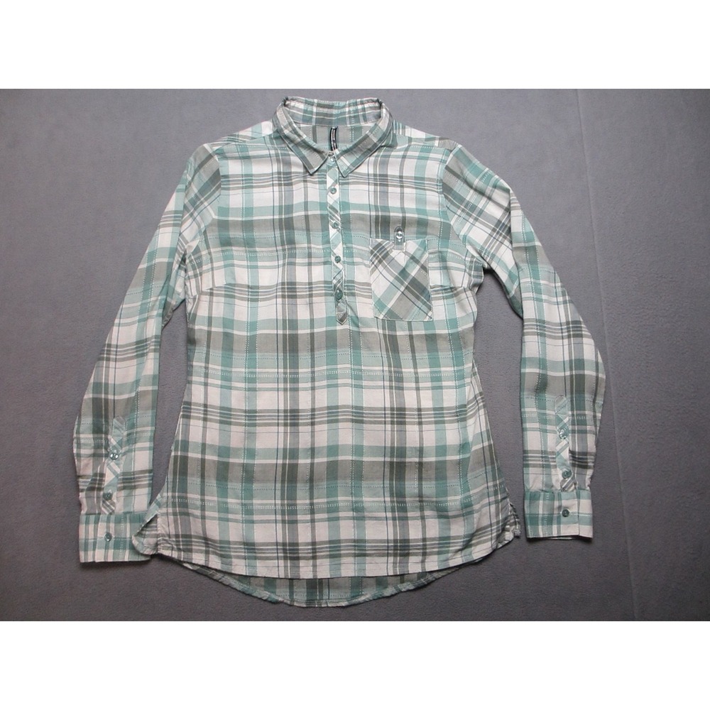 Kuhl Shirt Women Large White Green Spektra Plaid Popover Pleated Roll Tab Sleeve